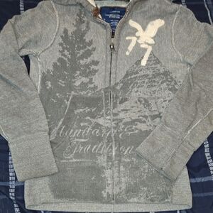 American Eagle Outfitters Gray Graphic Zip-Up Sweater